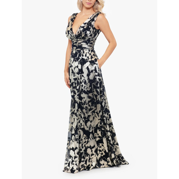 Betsy & Adam Maria" Long Foil V-Neck Floor Length Dress Gown Size 4 Black /Gold - Picture 1 of 9